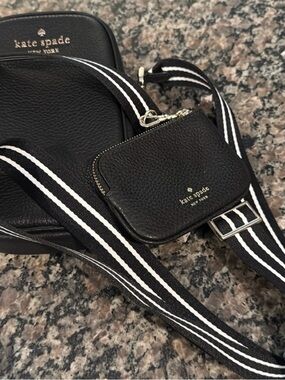 kate spade Black Pebbled Leather Crossbody with Striped Webbing Strap